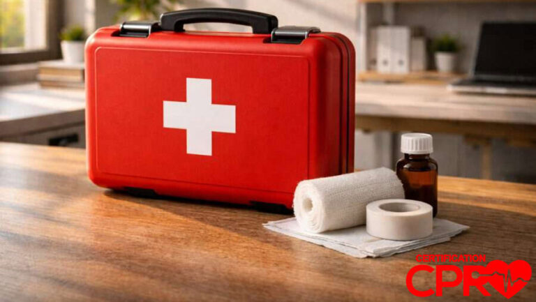 First aid kit with bandages, gloves, and emergency supplies.