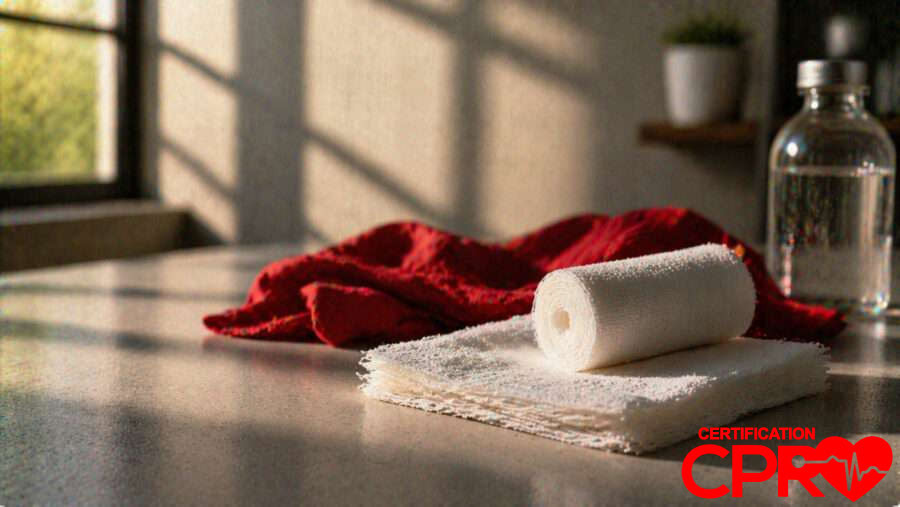 CPR certification training supplies in Orlando, including a roll of gauze and first aid essentials.