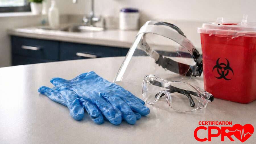CPR training supplies including gloves, goggles, and biohazard container in Orlando.